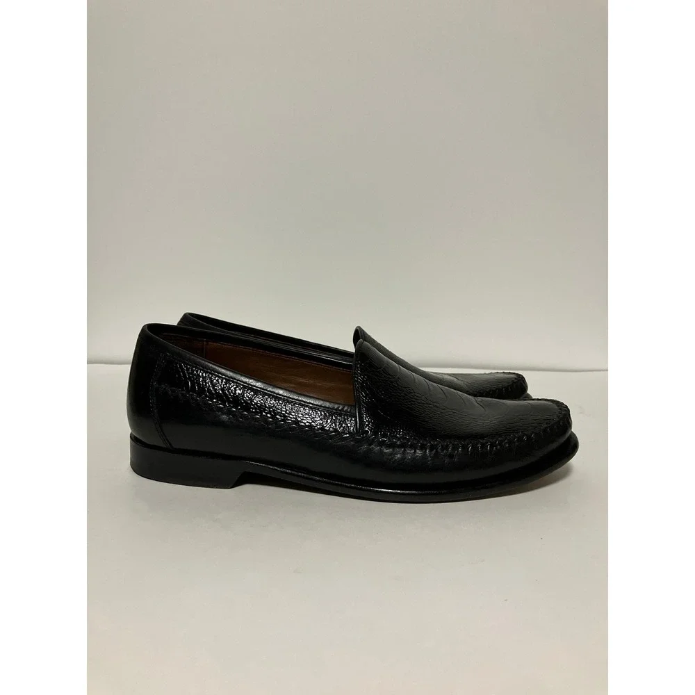 Johnston & Murphy Mens Ostrich Embossed Loafers 9.5M Black Leather Dress Shoes